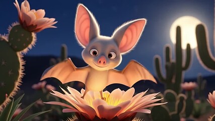 A cheerful animated bat joyfully perched on a blooming cactus flower under a full moon in a desert landscape