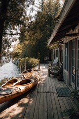 Fototapeta premium A lakefront vacation rental with wooden decks. Guests fish and kayak nearby. The mood feels natural and restful, Generative AI