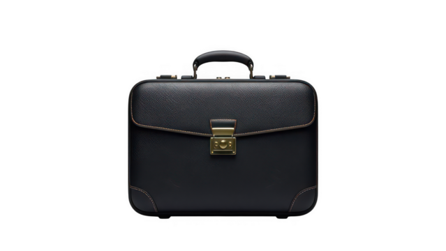 Elegant black leather briefcase with a secure golden lock isolated on transparent background, perfect for professional use and carrying important documents