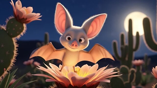 A cheerful animated bat joyfully perched on a blooming cactus flower under a full moon in a desert landscape