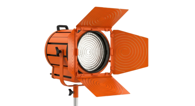 Isolated Fresnel spotlight on stand, ready for film production, still photography, stage use