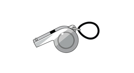 Monochrome illustration of a classic whistle with a looped cord, rendered in simple grayscale tones against a blank backdrop, showcasing sports