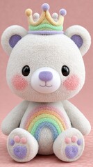 Adorable Plush Teddy Bear with Rainbow and Crown on Pink Background