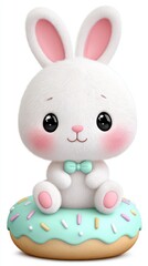 Adorable White Bunny Sitting on Pastel Green Donut with Sprinkles