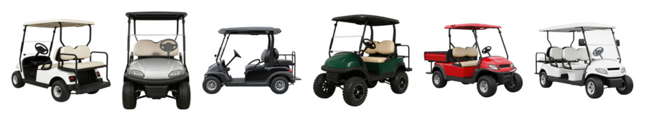 Golf cart set including 2-seater, 4-seater, utility, and off-road models in various colors isolated. Resort and property transportation.