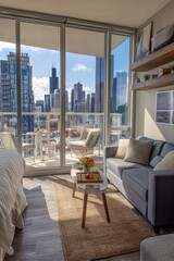 Fototapeta premium A modern vacation rental apartment with open glass windows. Visitors enjoy the city skyline. The mood feels urban and stylish, Generative AI