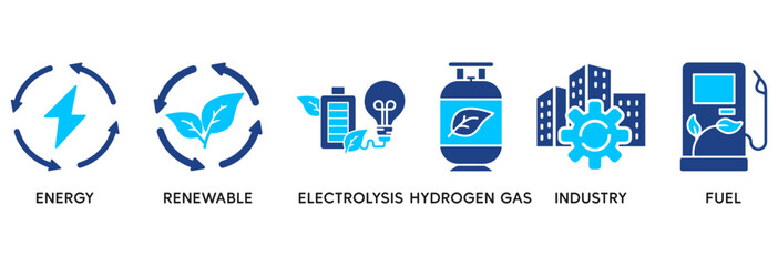 Hydrogen icon set in Blue style Flat vector illustration concept relate to  energy, renewable, electrolysis, hydrogen gas, industry, fuel