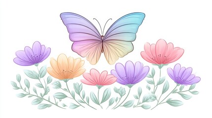 Pastel Rainbow Butterfly and Watercolor Flowers