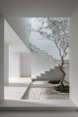 Obraz premium A modern, minimalist interior courtyard showcasing a light-filled, airy space with a winding staircase and a small, tranquil garden.