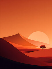 Minimalist desert landscape with tree and setting sun