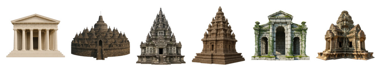 Obraz premium Ancient temple set including classical, Buddhist, Hindu, and ruined structures isolated. Historical architecture collection.
