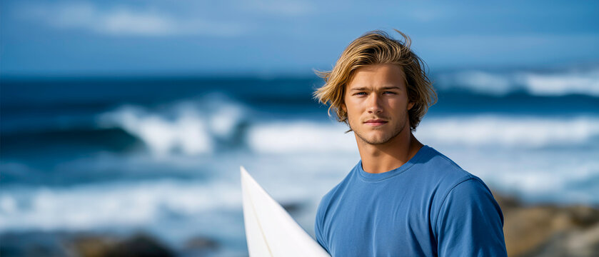 Ride the Waves: A surfer standing proudly at the seashore with the surfboard, embodying the essence of surfing lifestyle. Embracing the power and beauty of the ocean, a symbol of adventure, freedom.