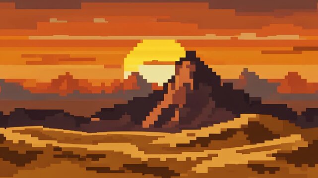 8-bit pixel desert landscape with glowing orange sunset, pixelated sand dunes, retro video game style scene, nostalgic pixel art desert horizon atmosphere