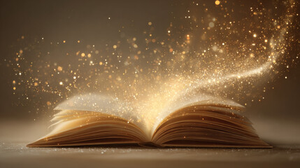 Open Book Glowing with Magical Golden Sparkles in Dreamy, Ethereal Atmosphere