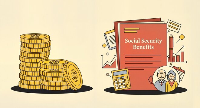 Coins and Social Security Benefits illustrated with charts and calculator - Powered by Adobe