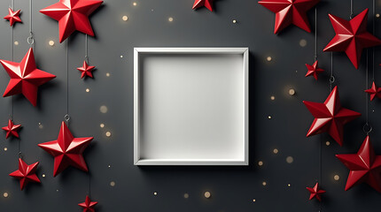 Red Star Decorations and Blank Square Frame on Textured Dark Background with Bokeh Lights christmas ornament