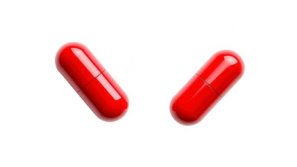 Two red capsules isolated on transparent background, a small case or container, typically cylindrical, containing a drug in solid or liquid form
