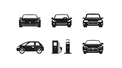 Front view icons of EVs, side view car, charging stations; black on black background