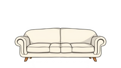 Illustration of a comfortable creamcolored sofa with armrests, perfect for a cozy living room, isolated on transparent background