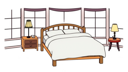 Illustration of a cozy bedroom interior with a bed, nightstands, lamps, and windows, creating a relaxing and inviting atmosphere isolated on transparent background