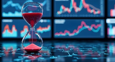 An hourglass with red sand sits in front of multiple screens displaying stock market charts and data, symbolizing time sensitivity in finance.
