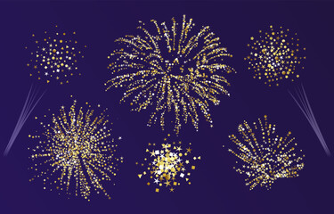Set of golden fireworks. Collection of clip art with 3D effects