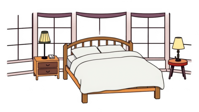 Illustration of a cozy bedroom interior with a bed, nightstands, lamps, and windows, creating a relaxing and inviting atmosphere isolated on transparent background
