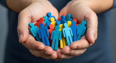 A person holding a collection of colorful human figure figurines in their cupped hands, symbolizing community and diversity.