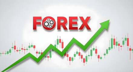 Forex text with gear icons in red, overlaid on a candlestick chart with a rising green arrow, suggesting financial growth.