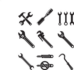 Fototapeta premium Collection of hand tool silhouettes hammer wrench screwdriver crowbar and more