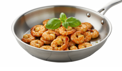 Shrimp cooked in a pan with basil, isolated on transparent background