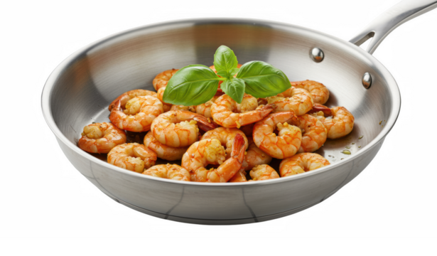 Shrimp cooked in a pan with basil, isolated on transparent background