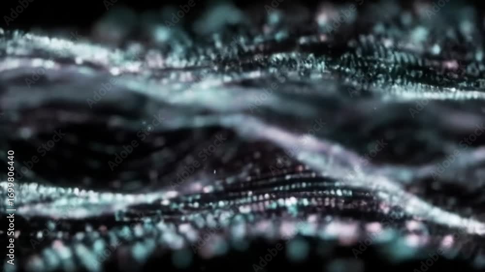 Poster abstract flowing particles wave motion background with bokeh effect.