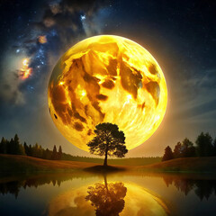 A serene night landscape featuring a big yellow moon glowing brightl