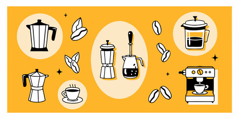 Collection of hand drawn coffee making equipment and beans on a yellow background