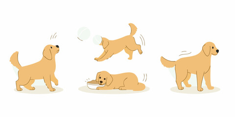 Cute cartoon golden retriever dog in various playful poses and activities on white background