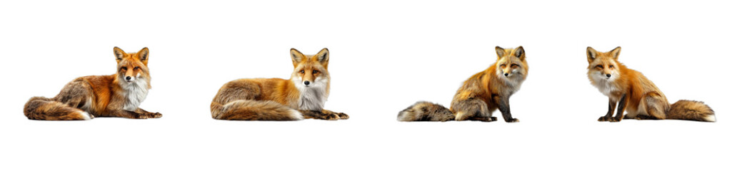 Obraz premium Four red foxes with bushy tails isolated on a transparent background, cut out