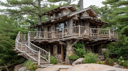 Unique Rustic Treehouse with Natural Stone and Wood Design