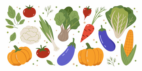 A vibrant collection of fresh healthy vegetables arranged in a playful flat illustration style