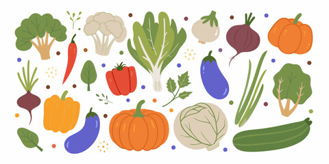 Vibrant collection of fresh cartoon vegetables and leafy greens on a white background