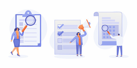 Business people working on tasks and projects using checklists and magnifying glasses for analysis