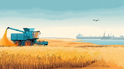 Obraz premium Harvest Season in Agricultural Landscape with Modern Combine Harvester