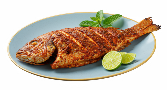 Whole cooked red snapper with lime and mint on plate isolated on transparent background