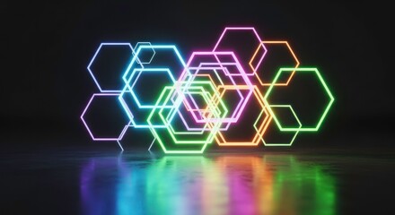 Fototapeta premium Vibrant Interconnected Neon Hexagons Reflecting on Dark Surface, Abstract Geometric Light Pattern