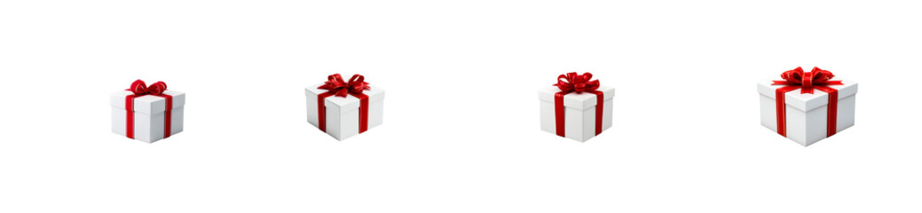 Obraz premium Four white gift boxes with red ribbon bows and accents on transparent background, cut out
