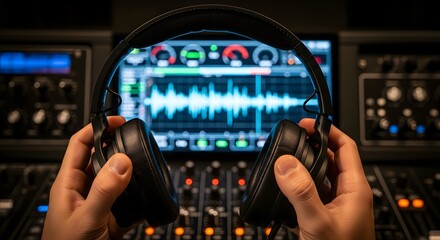 Hands hold headphones in front of a mixing console and a computer screen displaying audio waveforms in a recording studio.