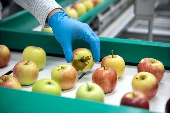 Worker hand pick rotten apple on sorting line. Food quality control