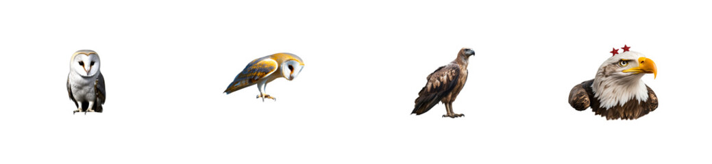Obraz premium Collection of owls and eagles on transparent background, cut out