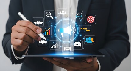 A businessman interacts with a digital tablet displaying marketing strategy icons, including a central megaphone symbol, representing advertising and promotion.