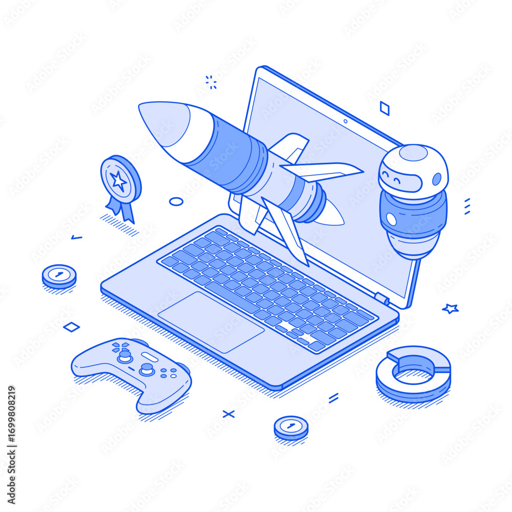 Poster online gaming esport virtual video game laptop workflow isometric vector illustration. internet game